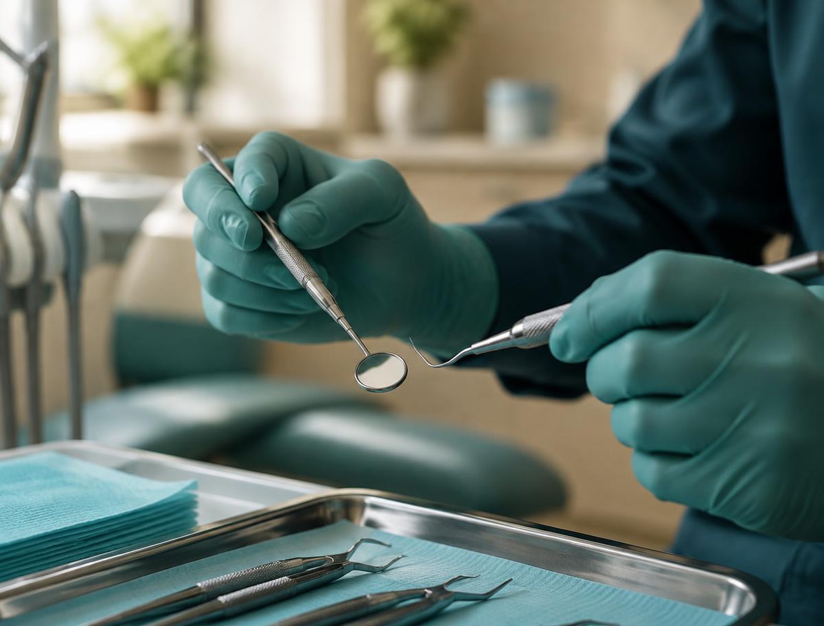 Manos con guantes sosteniendo instrumental de exploración dental