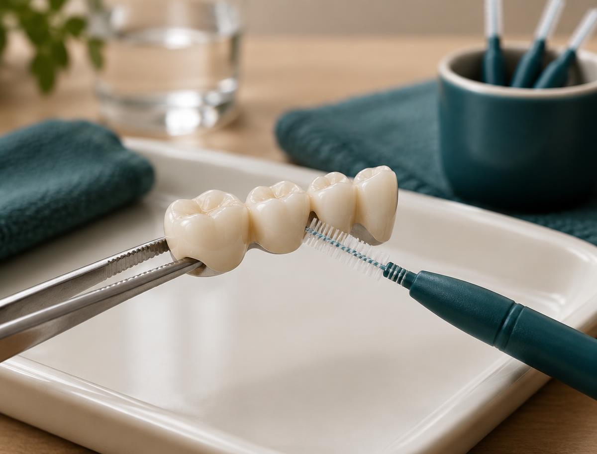 Puente de cerámica limpiado con un cepillo interdental sobre una bandeja