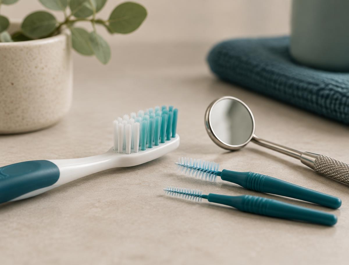 Cepillo de dientes, cepillos interdentales y espejo dental sobre una superficie neutra