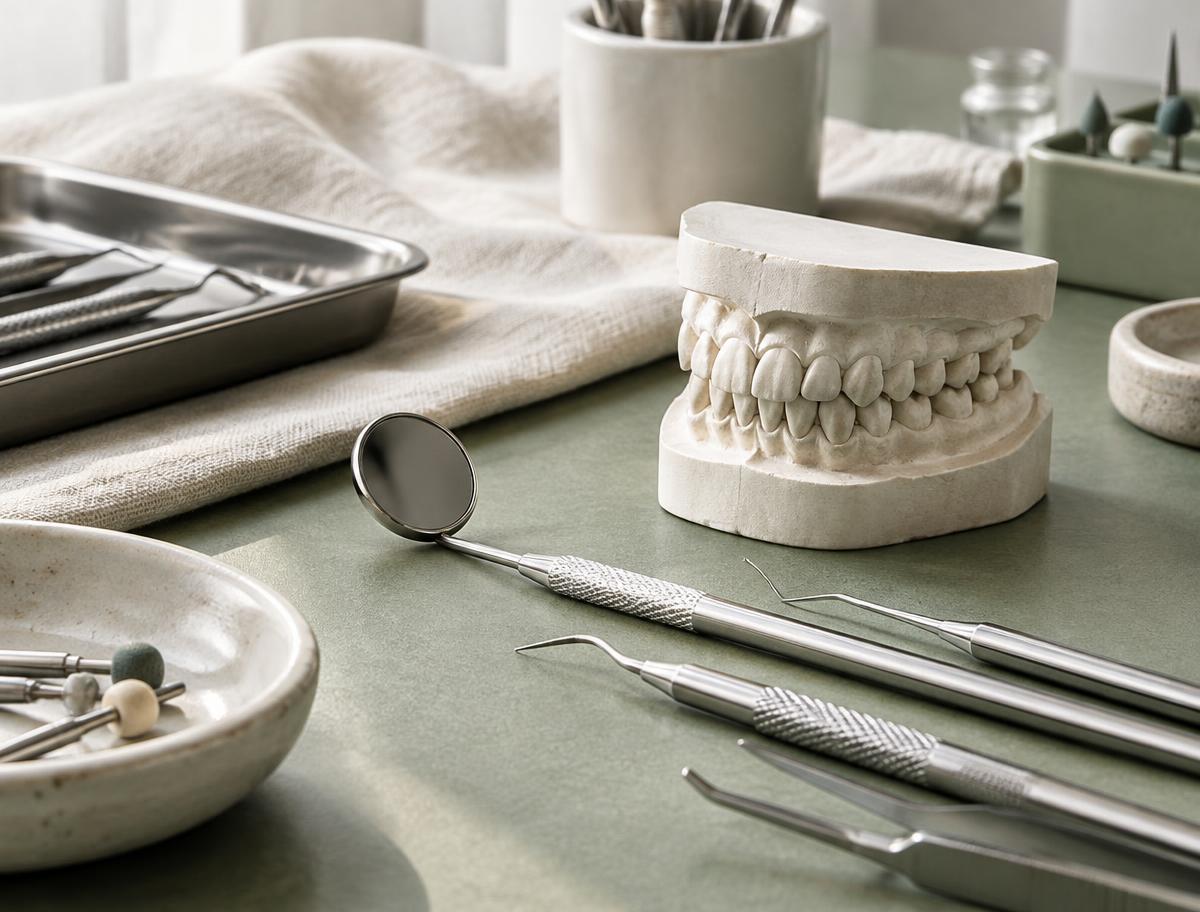 Instrumental y modelo dental en un entorno clínico