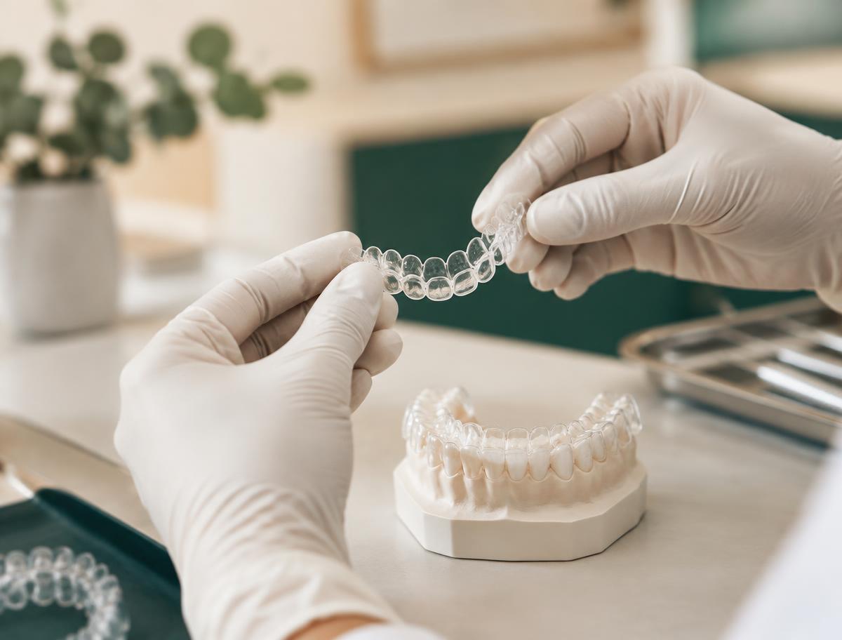 Férula transparente de ortodoncia sobre un modelo dental