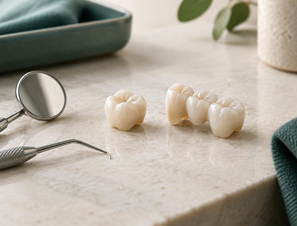 Corona y puente de cerámica junto a instrumental dental