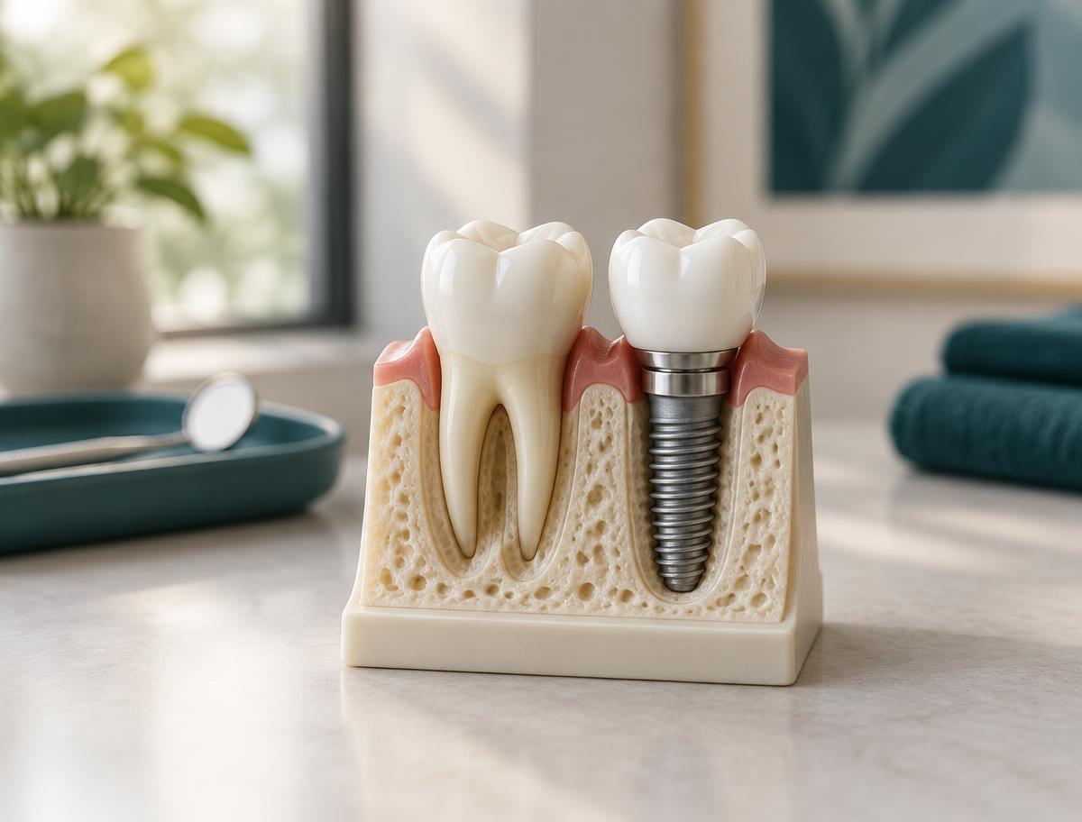 Modelo dental que compara un diente natural con un implante de titanio